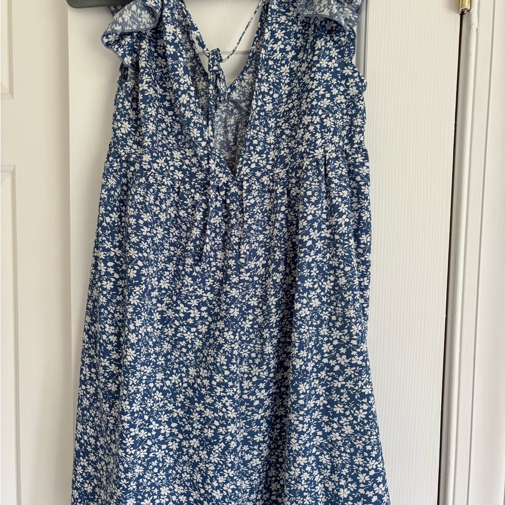 SHEIN Blue and White Sleeveless V-Neck Sundress